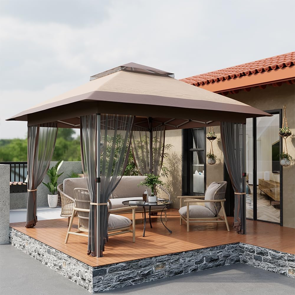 GAOMON 12 X 12ft Pop-up Gazebo, Double Roof Outdoor Canopy Tent with Mosquito Netting, Camping Canopy Gazebo for Lawn, Patio and Garden