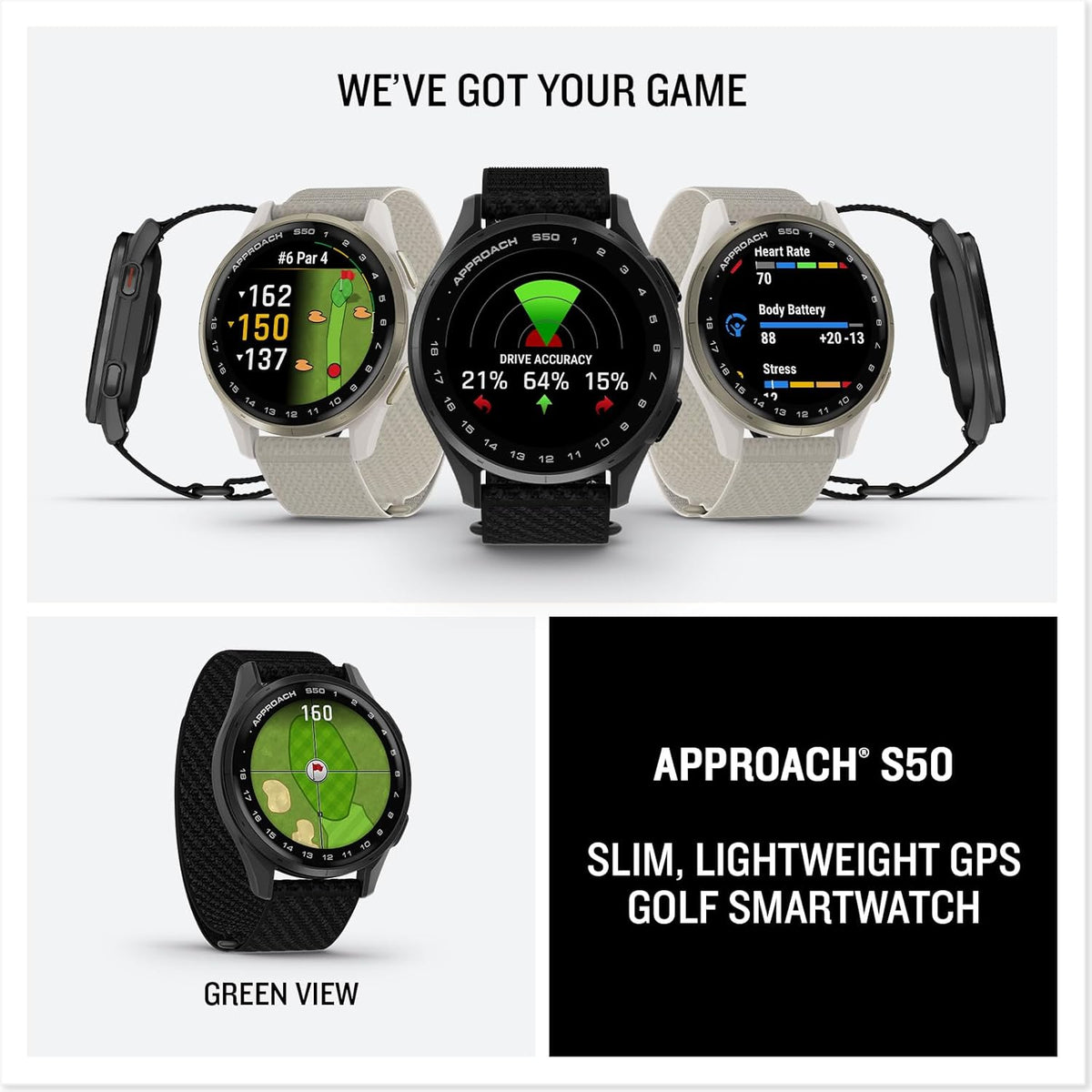 Garmin Approach® S50, Advanced Golf GPS Smartwatch, AMOLED Display, On-Course Features, Wrist-Based Heart Rate, Cream Gold Aluminum Bezel with Ivory ComfortFit Nylon Band