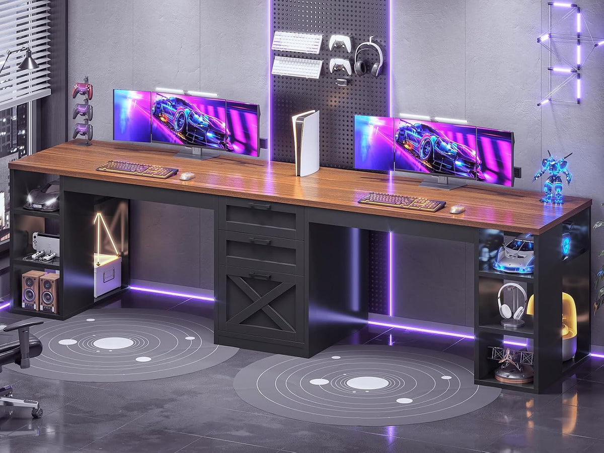 SEDETA Farmhouse 96.5' Office Desk with Drawers, 2 Person Gaming Desk with Storage, Double Computer Desk with Storage Drawers, Long Two Person Writing Desk, Black