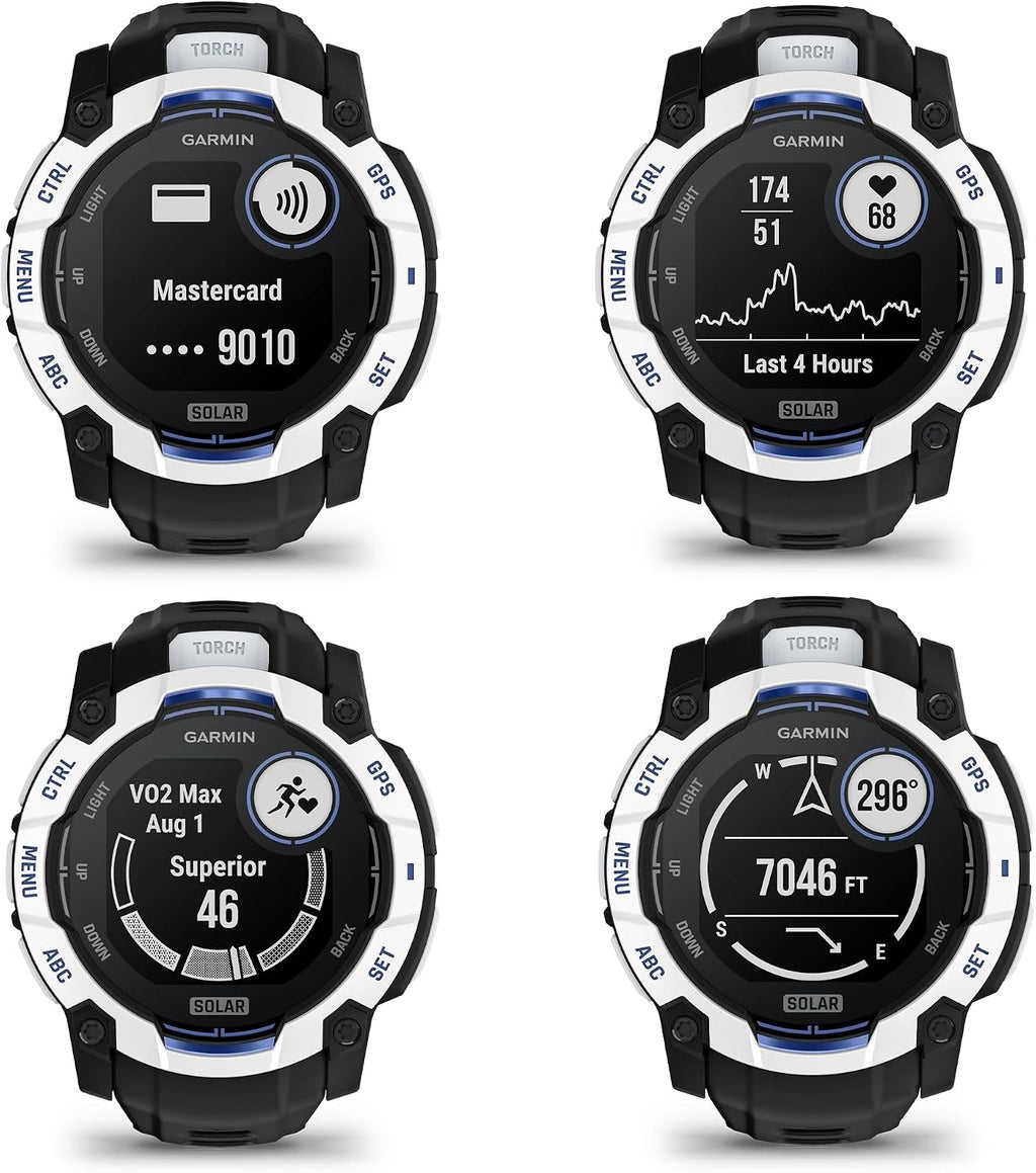 Garmin Instinct 3 Solar Rugged GPS Smartwatch, 50 mm Case, Unlimited Battery with Solar Charging, Multi-Band GPS with SatIQ, Built-in Flashlight, Supernova Collection, Whitestone with Black/Bolt Blue