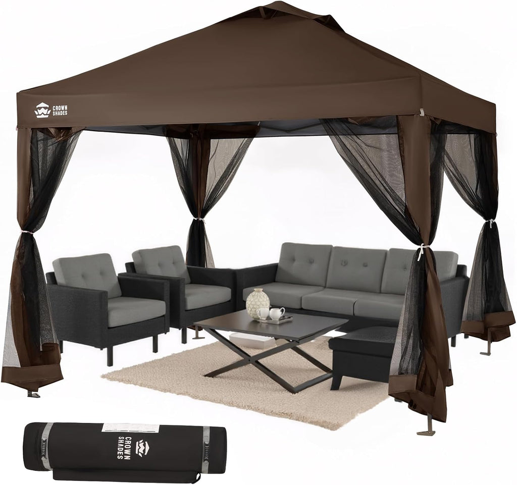 CROWN SHADES Gazebo 10x10 Pop Up Canopy with Mosquito Netting, Screen Tent with 4 Ropes, 8 Stakes, 4 Sandbags and Wheeled Storage Bag, Canopy for Patio & Backyard Parties,Camping&Events -(Coffee)