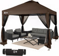 CROWN SHADES Gazebo 10x10 Pop Up Canopy with Mosquito Netting, Screen Tent with 4 Ropes, 8 Stakes, 4 Sandbags and Wheeled Storage Bag, Canopy for Patio & Backyard Parties,Camping&Events -(Coffee)