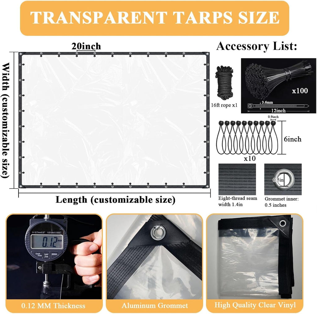 15x24 FT Clear Tarp Heavy Duty Waterproof with Grommets - Reinforced Edges & Tear Resistant PVC Tarpaulin for Chicken Coop, Outdoor Porch, Pavilion and Garden Enclosure Snow-Proof Vinyl Tarps