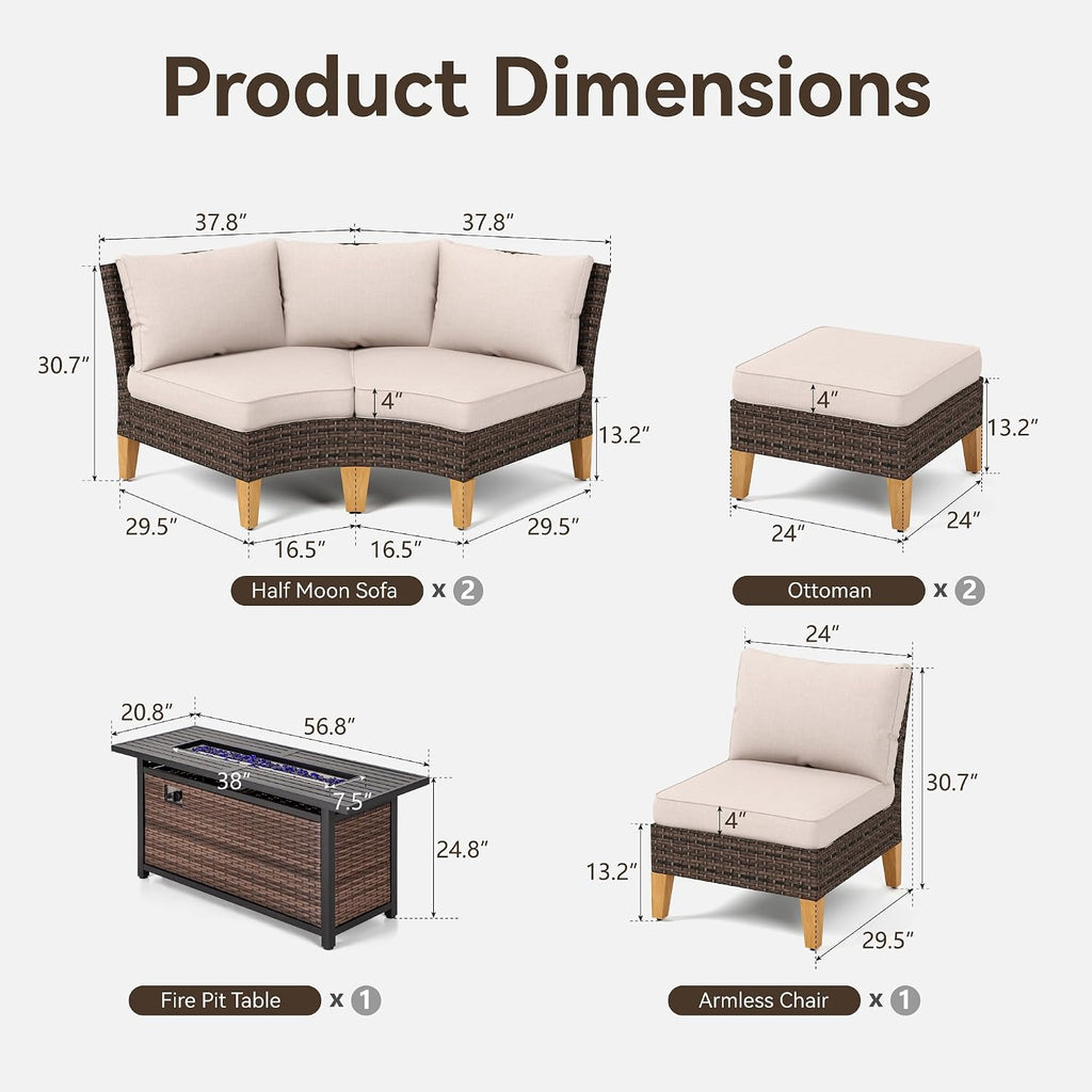 GREEN PARTY 7 Pieces Wicker Patio Furniture Set with 56' Fire Pit Table, All-Weather Outdoor Rattan Patio Half-Moon Curved Sectional Sofa Conversation Set for Garden, Backyard