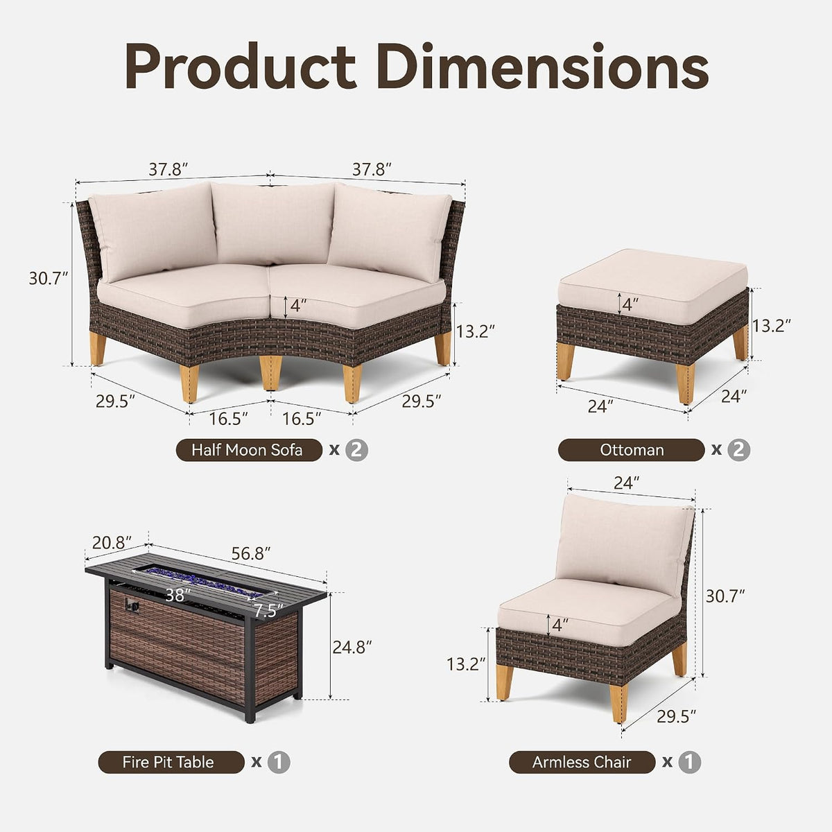 GREEN PARTY 7 Pieces Wicker Patio Furniture Set with 56' Fire Pit Table, All-Weather Outdoor Rattan Patio Half-Moon Curved Sectional Sofa Conversation Set for Garden, Backyard