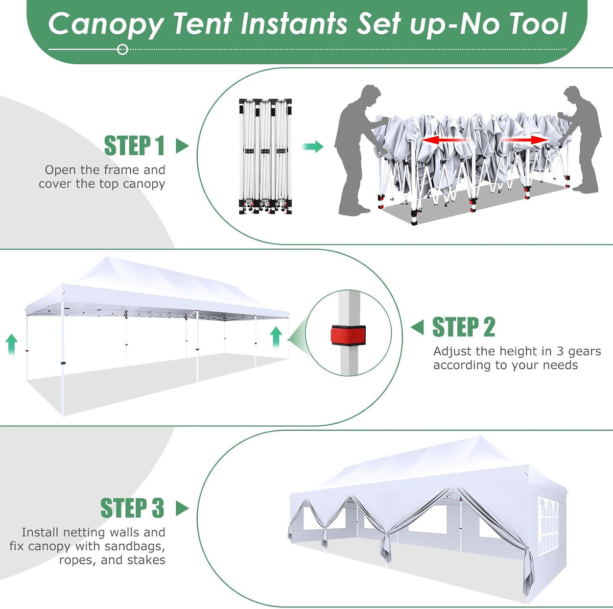 COBIZI Canopy Tent 10x30 Pop Up Canopy with 8 Removable Sidewalls Party Tents for Parties Wedding Patio Commercial Waterproof and UV50+ Ez Outdoor Instant Gazebo with Roller Bag & 4 Sandbags（White）