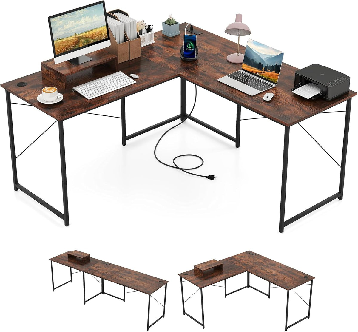 Tangkula L-Shaped Computer Desk with Power Outlets, 95' Long 2-Person Desk with Monitor Shelf, Modern Corner Desk Gaming Table with USB Ports for Home Office