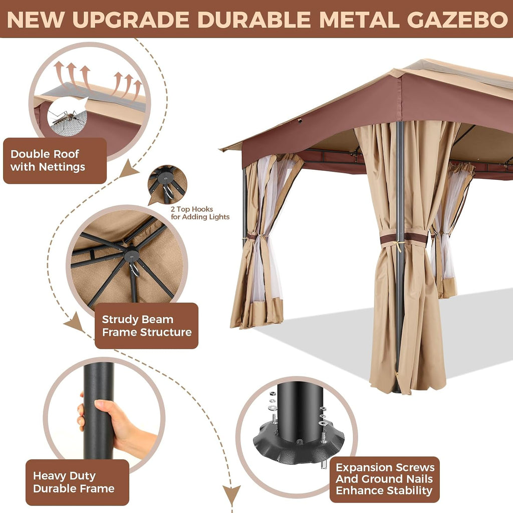 COBIZI 12x20 Outdoor Patio Gazebo, Double Roof Soft Top Canopy with Privacy Curtains and Mosquito Netting, Heavy Duty Steel Frame Shade Shelter for Backyard, Garden, Deck, Poolside - Khaki
