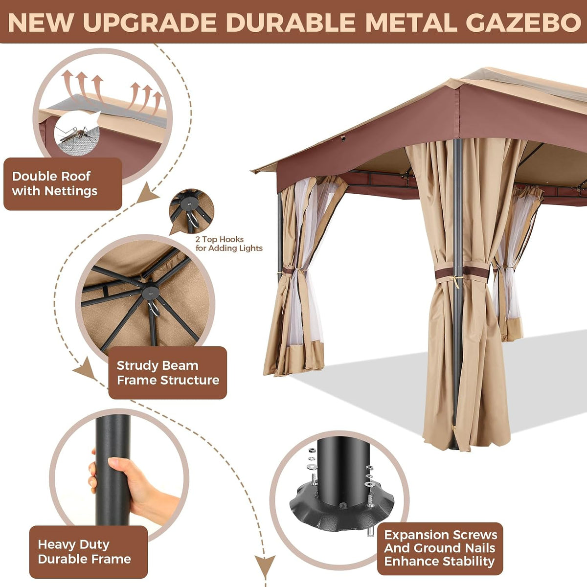 COBIZI 12x20 Outdoor Patio Gazebo, Double Roof Soft Top Canopy with Privacy Curtains and Mosquito Netting, Heavy Duty Steel Frame Shade Shelter for Backyard, Garden, Deck, Poolside - Khaki