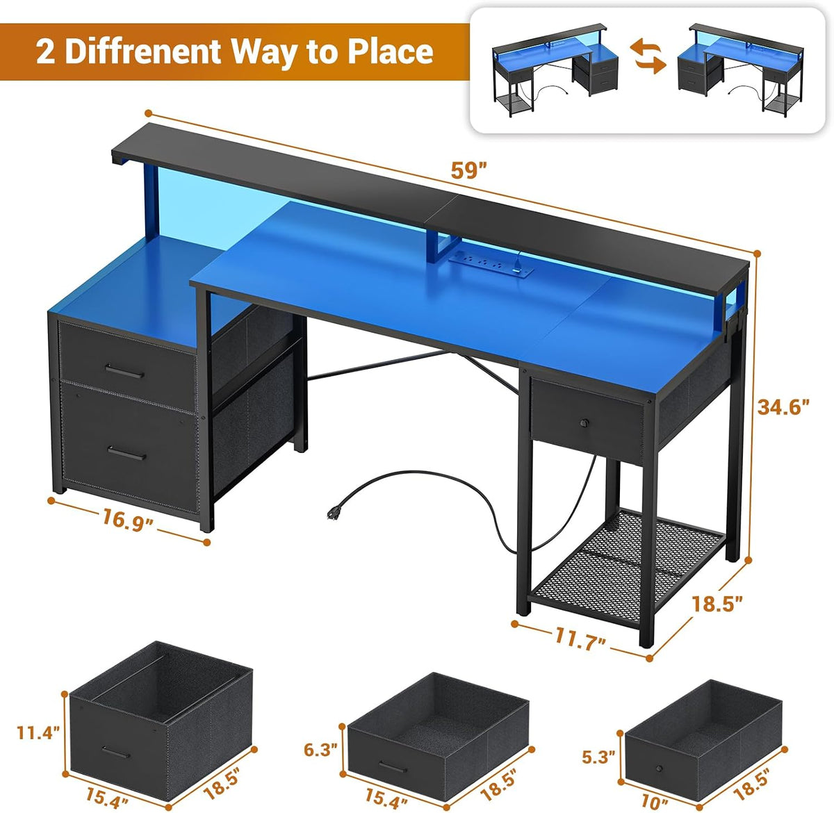 Aheaplus Computer Desk with 3 Drawers, Home Office Desk with File Drawer & Power Outlet, 59'' Gaming Desk with Led Lights, Long Work Desk with Storage Shelves, Printer Cabinet and Monitor Shelf, Black