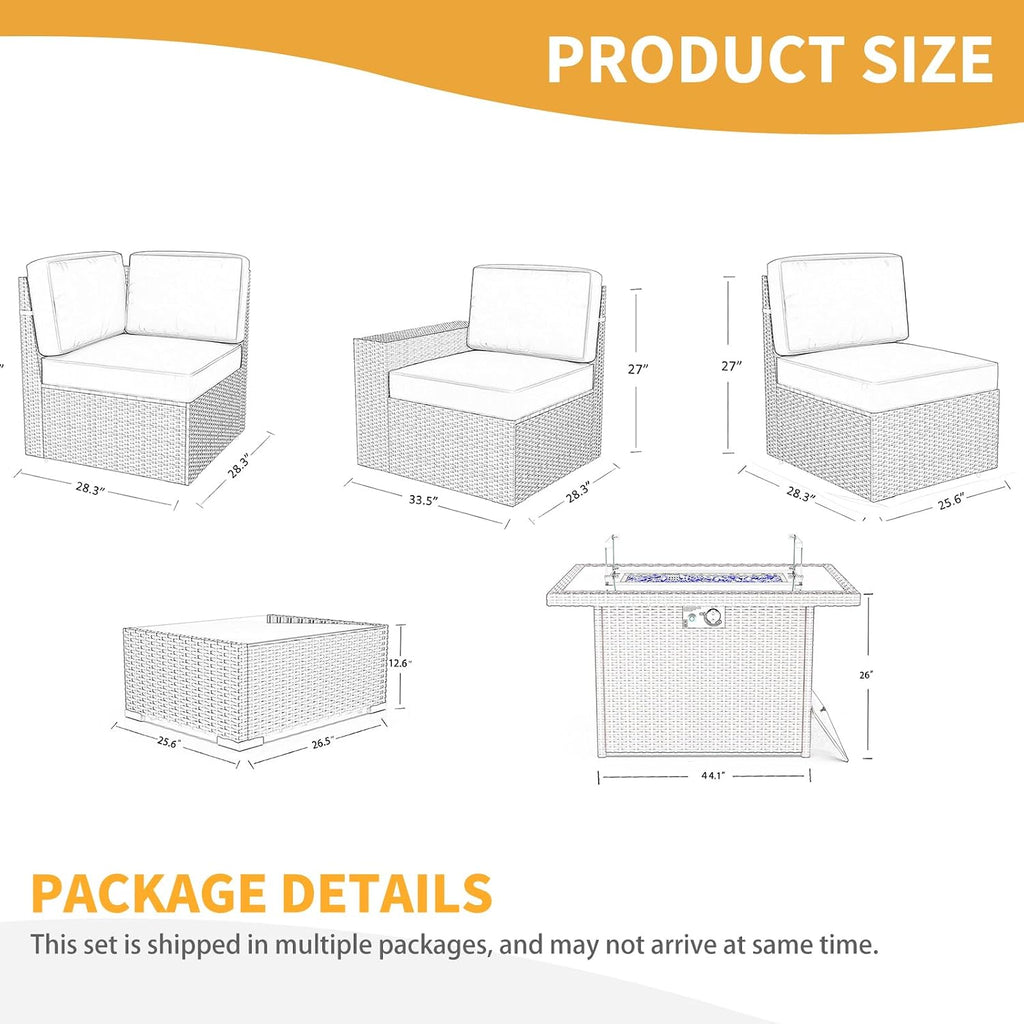 LayinSun 7 Pieces Patio Furniture Set with Fire Pit Table, Black Rattan Modular Sectional Patio Conversation Sofa Set