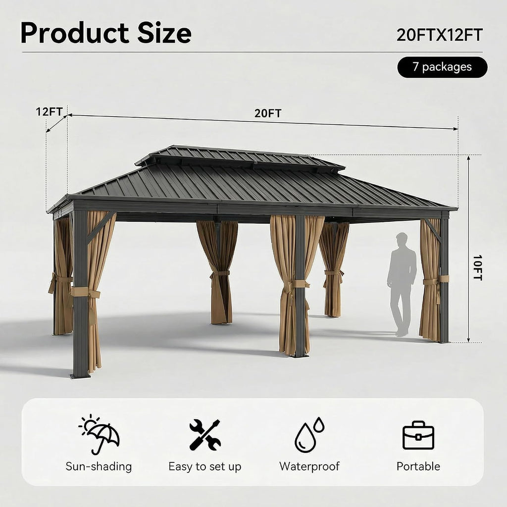 HOTEEL 12x20 Gazebo on Clearance with Metal Roof & Drainage System, Heavy Duty Hardtop Gazebo with Flame-Retardant Curtain & Netting, Outdoor Gazebos with Galvanized Steel Double Roof for Patio, Party