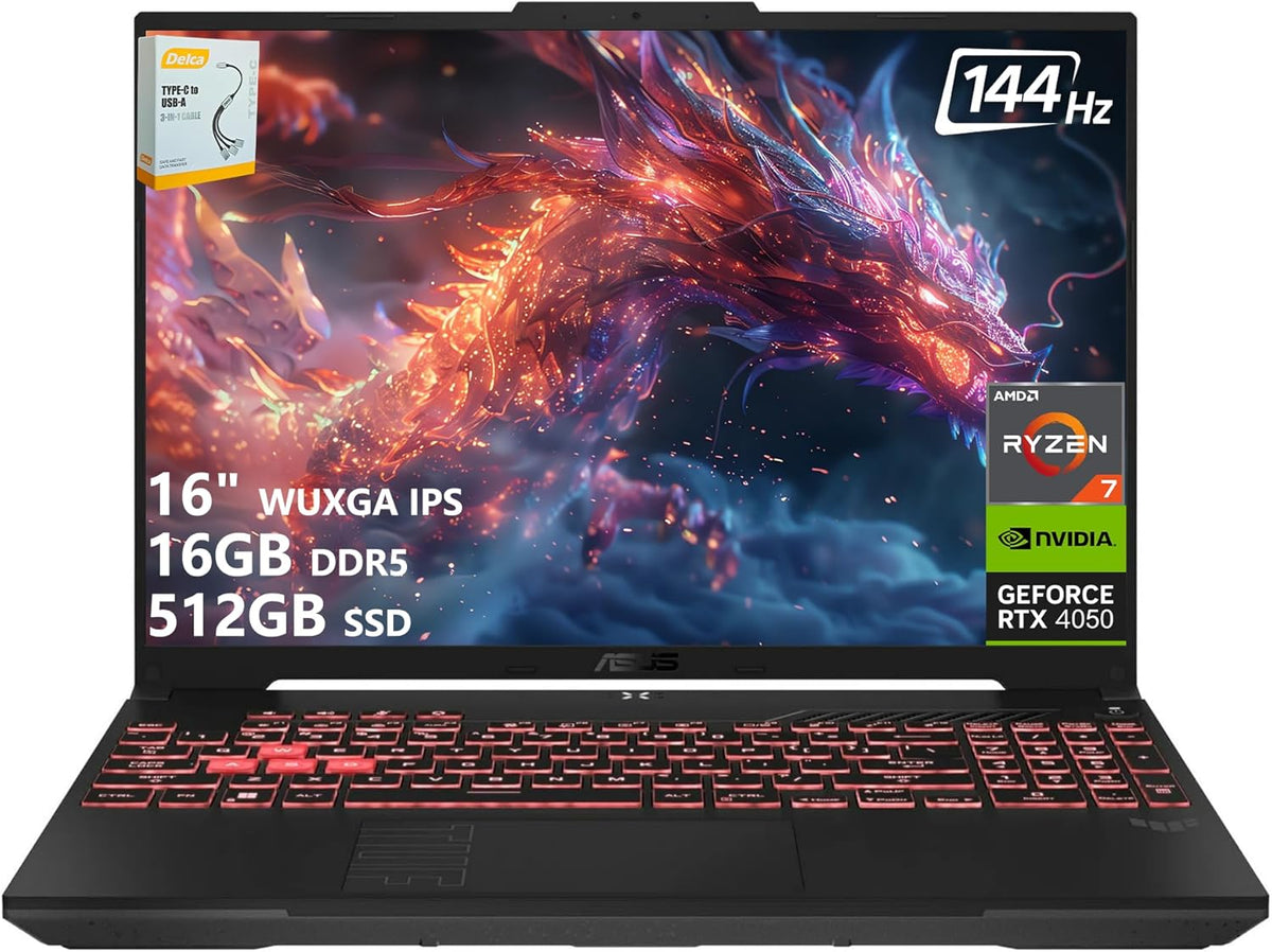 ASUS TUF A16 Gaming Laptop | 16' WUXGA IPS 144Hz | AMD 6-Core Ryzen 7 7445HS | 16GB DDR5 512GB SSD | NVIDIA GeForce RTX 4050 (194 AI Tops) | Backlit Keyboard USB 4 Wi-Fi 6 Win11 w/DLCA Accessory