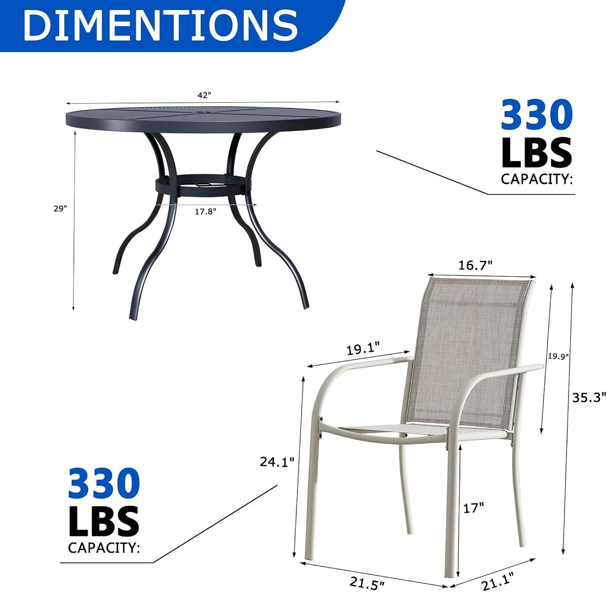 5-Piece Outdoor Dining Set, Mesh Round Patio Table and Grey Chairs, Black Patio Table and Chairs Set of 4, Patio Furniture Set for Garden, Yard, Patio