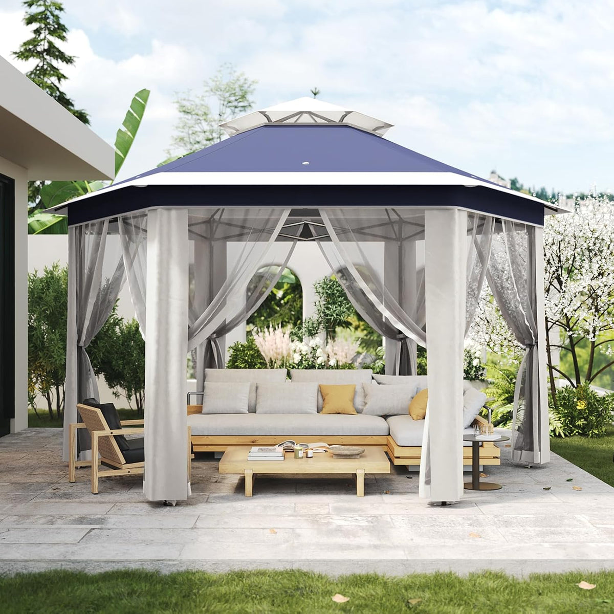 13' x 13' Pop-Up Gazebo, Hexagonal Canopy Shelter with 6 Zippered Mesh Netting, Event Tent with Strong Steel Frame for Backyard, Garden, Lawn, Blue and Beige