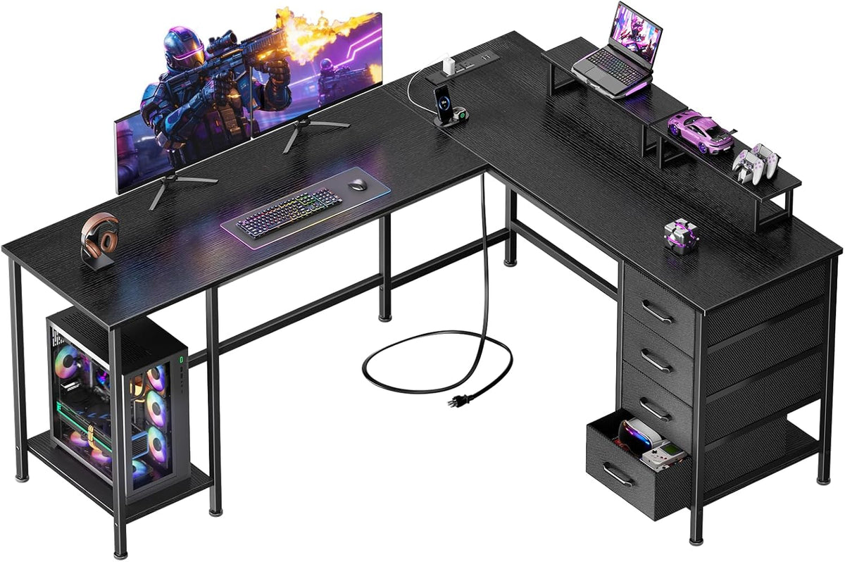 Korfile 66' L Shaped Computer Desk, 94.4'' Home Office Desk with Power Outlets, 4 Adjustable Storage Drawers & 2 Monitor Stands, Large Two Person Gaming Table for Writing Study, Black