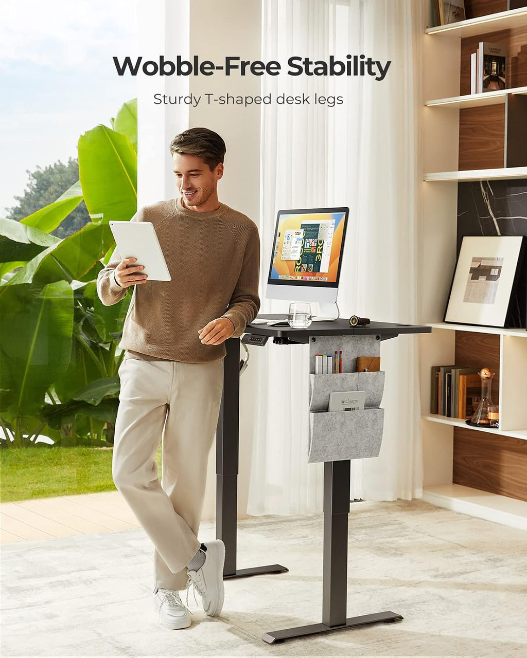 Marsail Electric Adjustable Height Standing Desk with Storage Bag, 48 * 24' Sit Stand Up Desk for Home Office,Computer Gaming Workstation, 4 Memory Height Settings,Cable Manager, and Headphone Hook