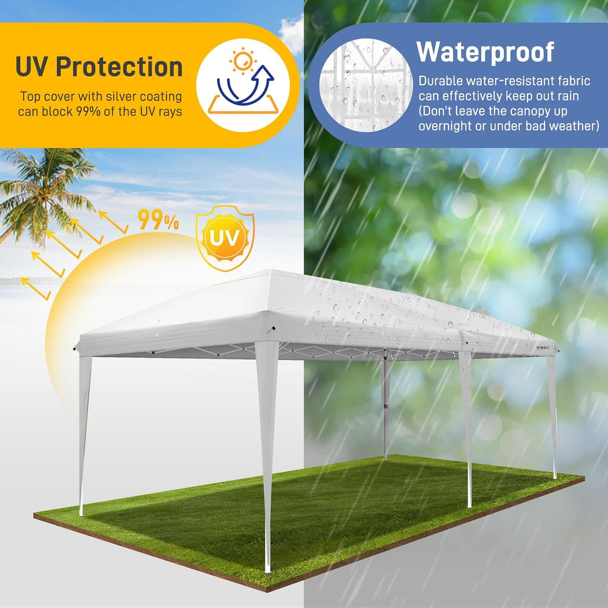 VINGLI 10x20 Pop Up Canopy Tent, Outdoor Foldable Portable Canopy for Camping, Patio, Parties, EZ Up Gazebo With Carry Bag (White)