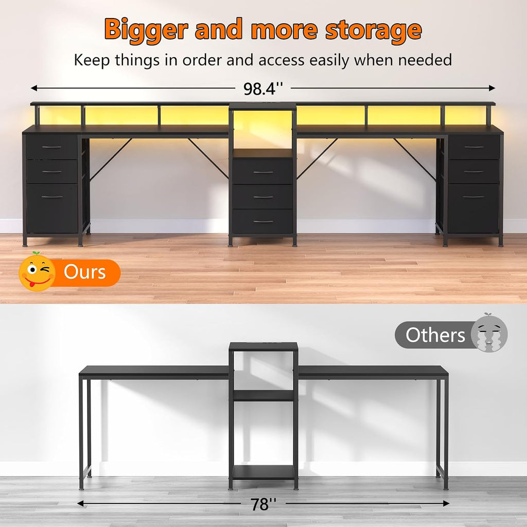 YOMILUVE 98.4' Long Computer Desk with 9 Drawers, 2 Person Gaming Desk with LED Lights & Power Outlet, Two Person Home Office Desk with Storage, Printer Shelf ＆ Monitor Stand, Black