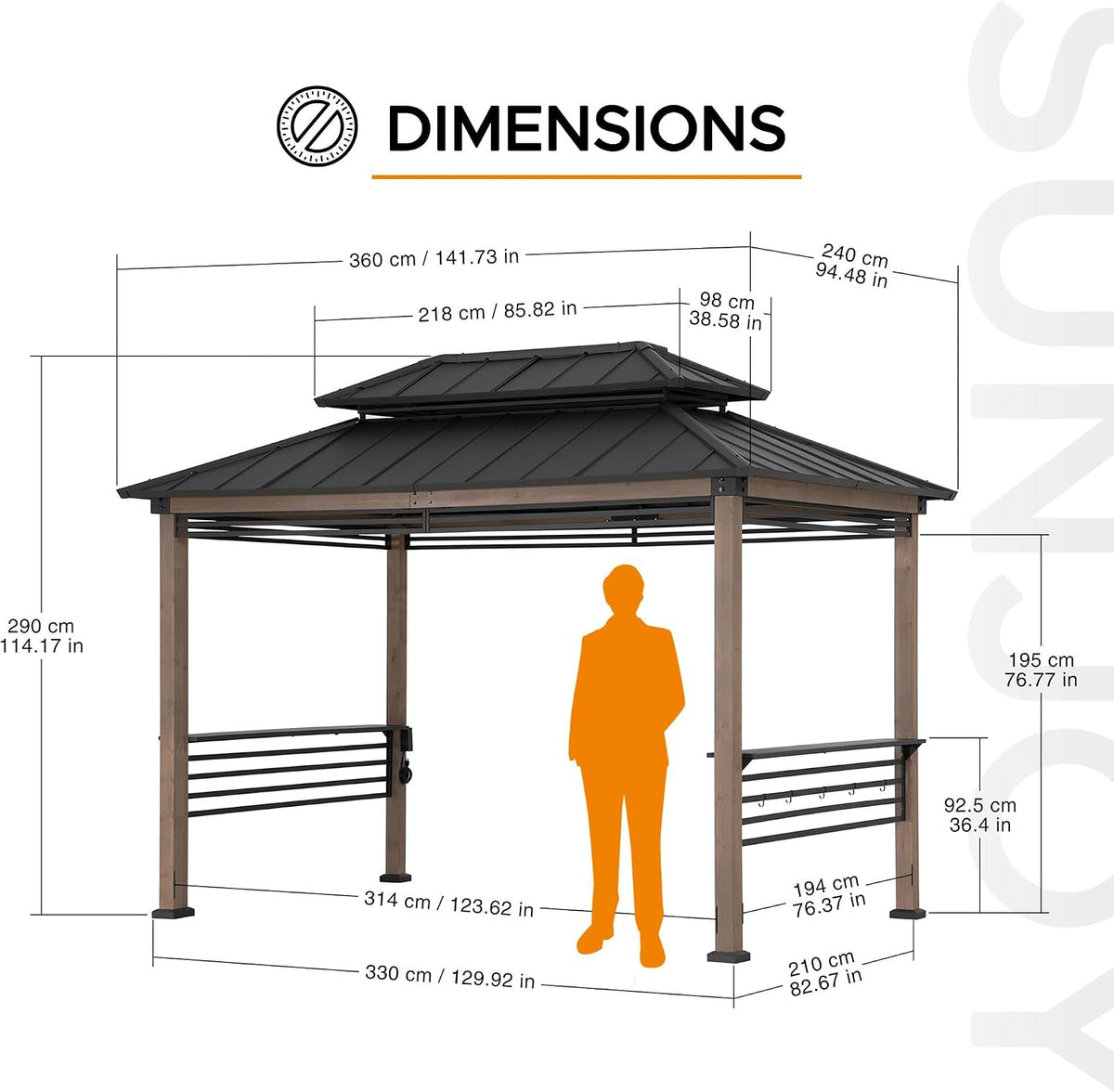 Sunjoy Wooden Grill Gazebo with AC Power Port, 8 x 12 ft. Steel Hardtop Outdoor Cedar Framed Gazebo for Year-Round Grilling, with Built-in Electrical Outlets and Decorative Fence, Brown