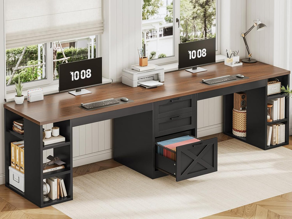 SEDETA Farmhouse 96.5' Office Desk with Drawers, 2 Person Gaming Desk with Storage, Double Computer Desk with Storage Drawers, Long Two Person Writing Desk, Black