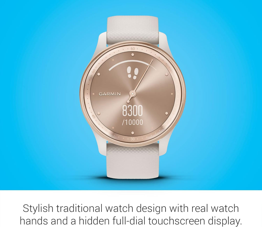 Garmin vívomove Trend, Stylish Hybrid Smartwatch, Long-Lasting Battery Life, Dynamic Watch Hands and Touchscreen Display, Peach Gold Stainless Steel Bezel with Ivory Case and Silicone Band