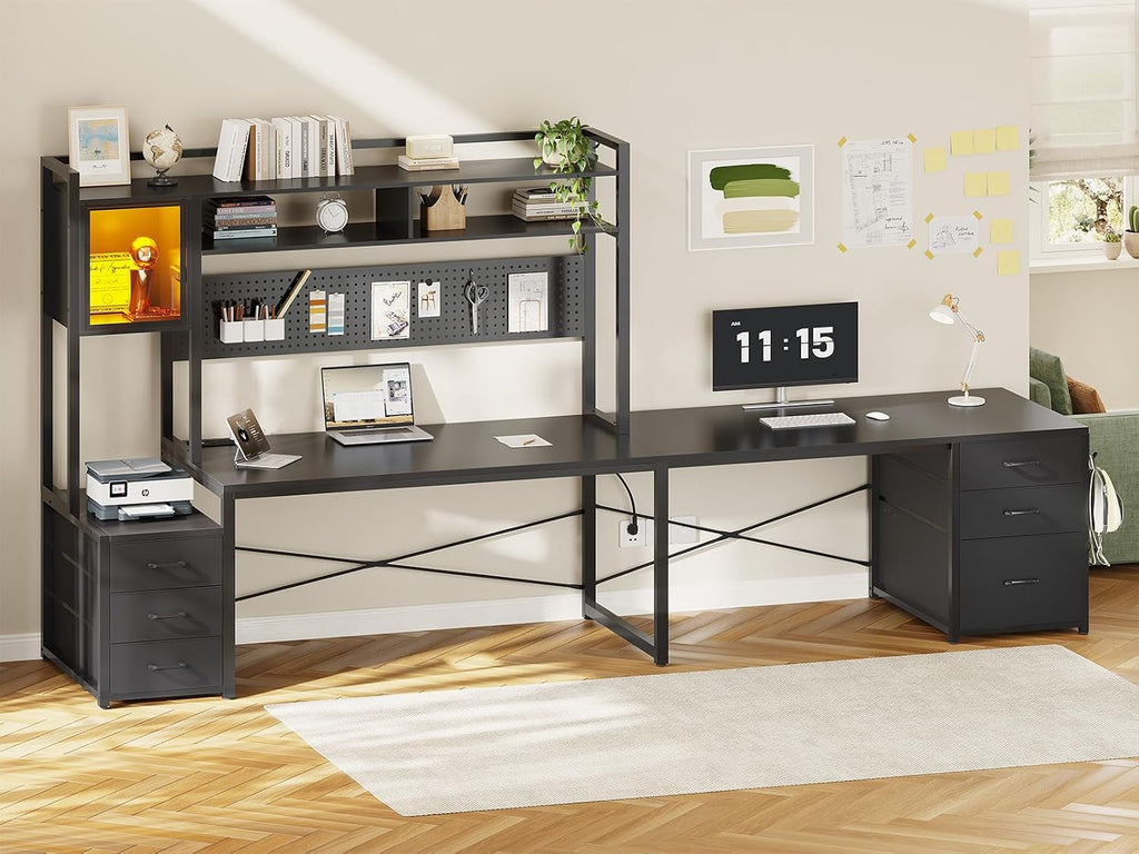 SEDETA L Shaped Gaming Desk with Drawers, Reversible Computer Corner Desk with File Drawer, Hutch, Storage Shelves for Home Office, Gaming Two Person Desk with Led Lights, Power Outlet, Black