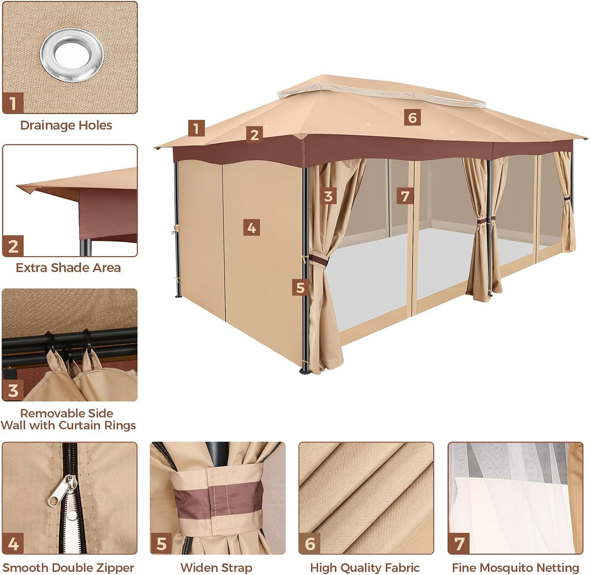 COBIZI 12x20 Outdoor Patio Gazebo, Double Roof Soft Top Canopy with Privacy Curtains and Mosquito Netting, Heavy Duty Steel Frame Shade Shelter for Backyard, Garden, Deck, Poolside - Khaki