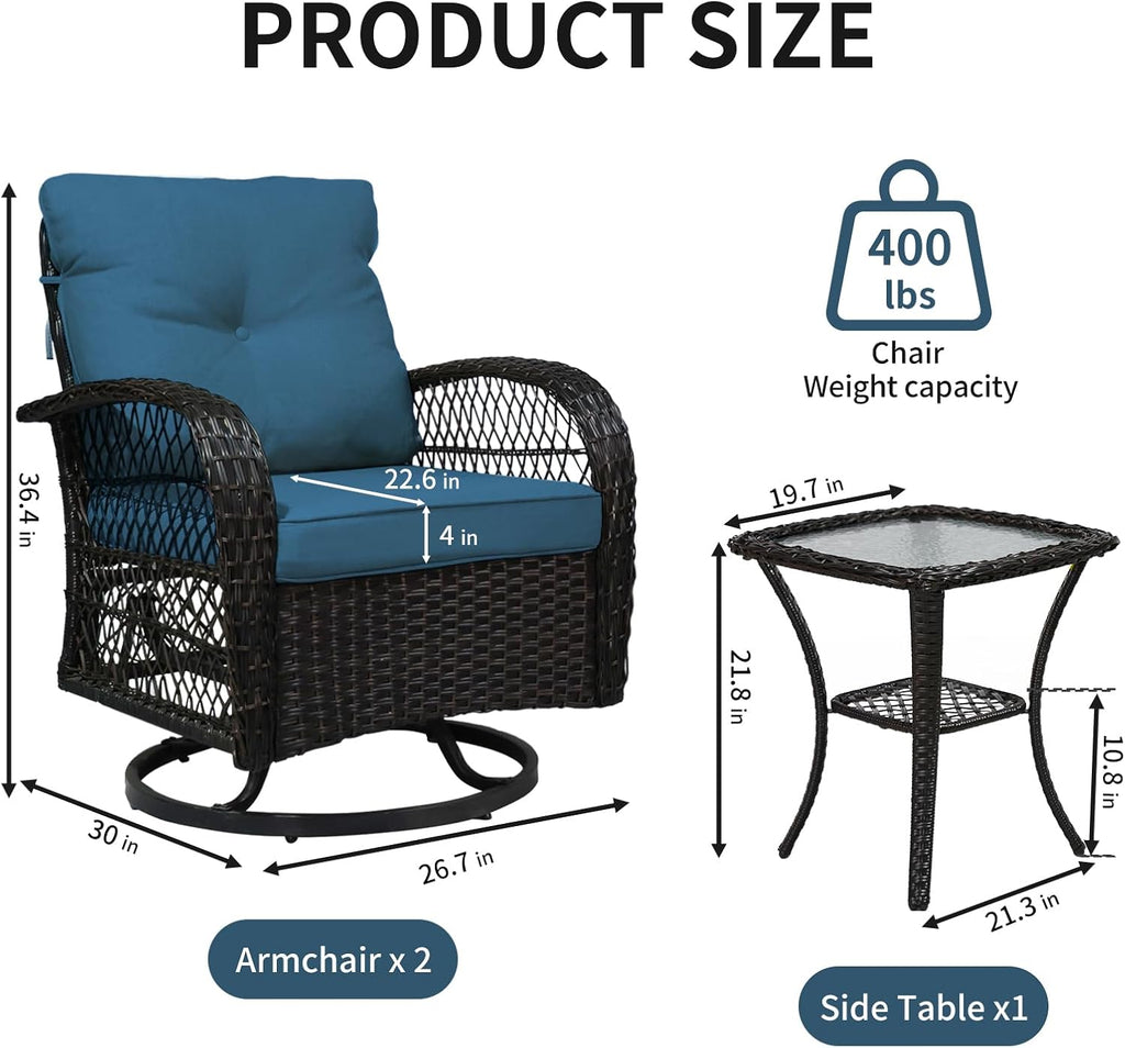 Outdoor Swivel Rocker Patio Chairs with Cushions，Outdoor Swivel Rocking Chairs Set of 2 with Rattan Side Table，360 Degree Swivel Seat Patio Furniture Set for Outside Porch Deck，3 Pieces