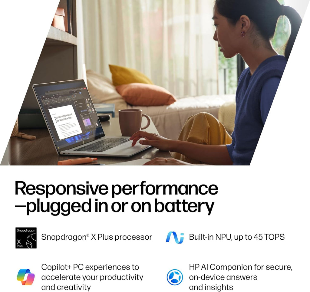 HP OmniBook 5 14 inch Next Gen AI PC, OLED Display, Snapdragon X Plus X1P-42-100, 16 GB RAM, 1 TB SSD, Qualcomm Adreno GPU, Windows 11 Home, Glacier Silver, 14-he0099nr