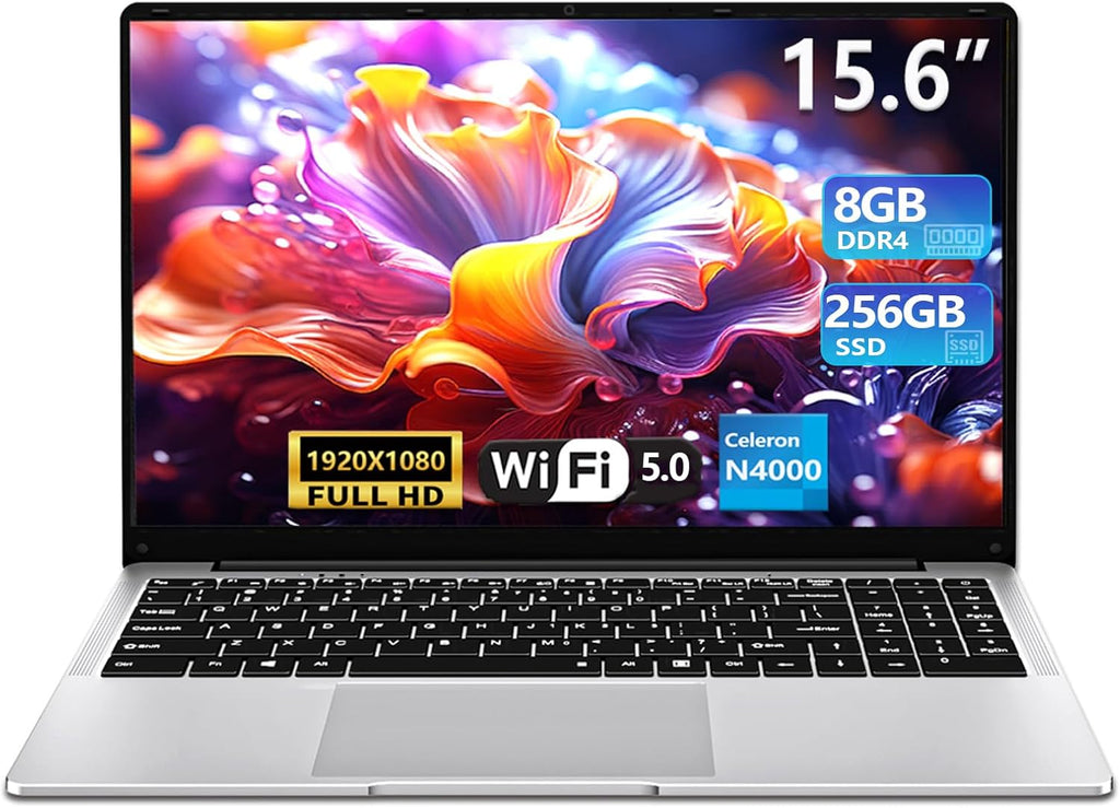 Laptop, 15.6 inch Laptops Celeron N4000 Processor with 8GB RAM 256GB SSD, FHD 1920*1080P, 180°Opening, Slim Light Netbook WiFi5 Mini-HDMI BT5.0, Thin & Light Lap Top for Student Business Work