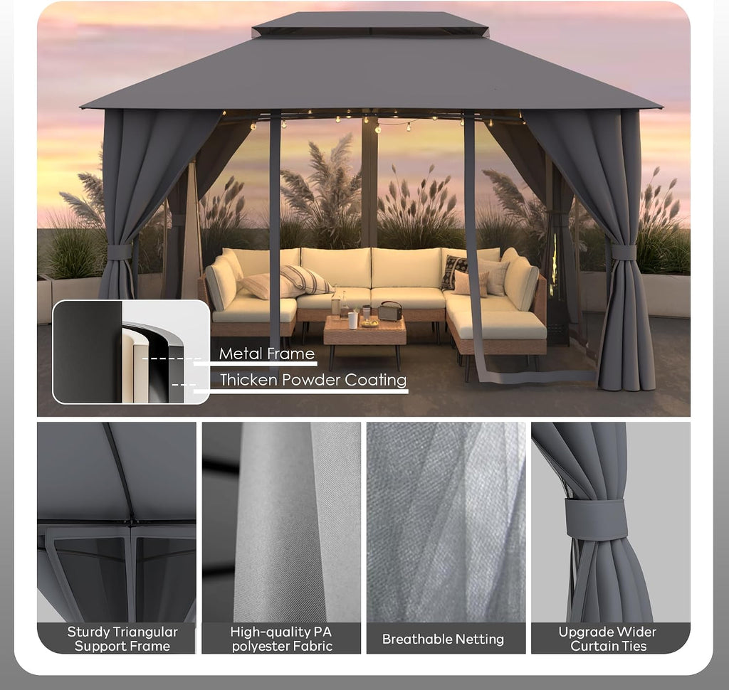 Gazebo 10x13(Canopy Size) with Mosquito Netting & Privacy Screens. Double Roof Design Outdoor Gazebo with Powder-Coated Metal Frame for Patio, Deck, Backyard, Garden & Lawns