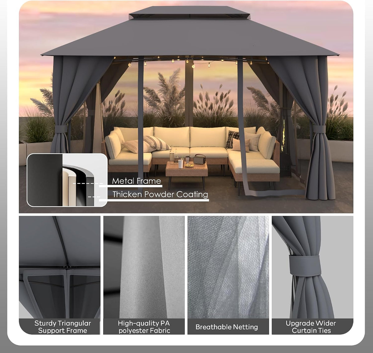 Gazebo 10x13(Canopy Size) with Mosquito Netting & Privacy Screens. Double Roof Design Outdoor Gazebo with Powder-Coated Metal Frame for Patio, Deck, Backyard, Garden & Lawns
