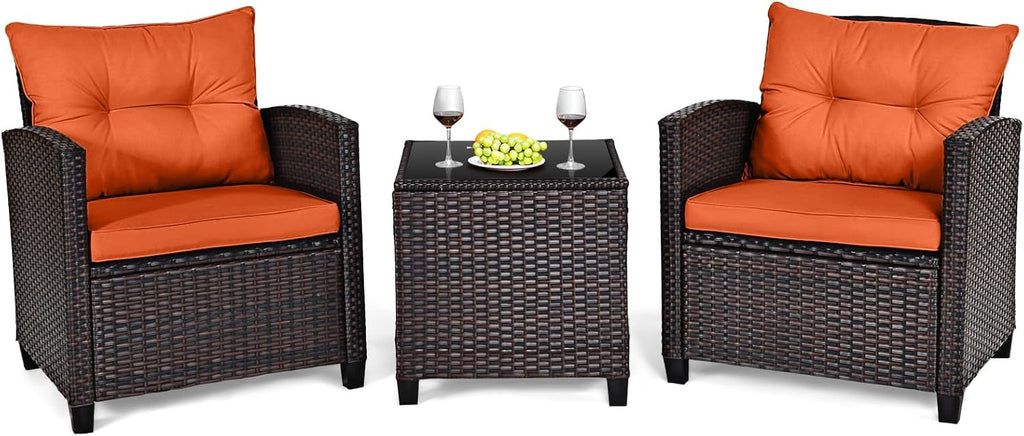 HAPPYGRILL 3 Pieces Patio Conversation Set, Outdoor Furniture Set PE Rattan Sofa Set with Removable Cushions, PE Wicker Chairs with Tempered Glass Side Table for Porch Lawn Garden Balcony Backyard
