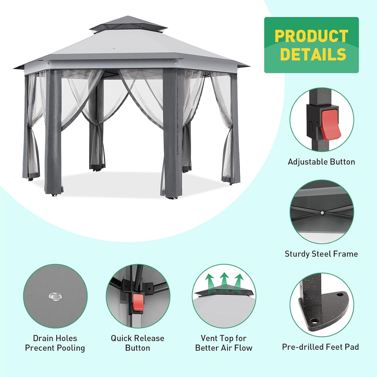 13' x 13' Pop-Up Gazebo, Hexagonal Canopy Shelter with 6 Zippered Mesh Netting, Event Tent with Strong Steel Frame for Backyard, Garden, Lawn, Dark Grey and Light Grey