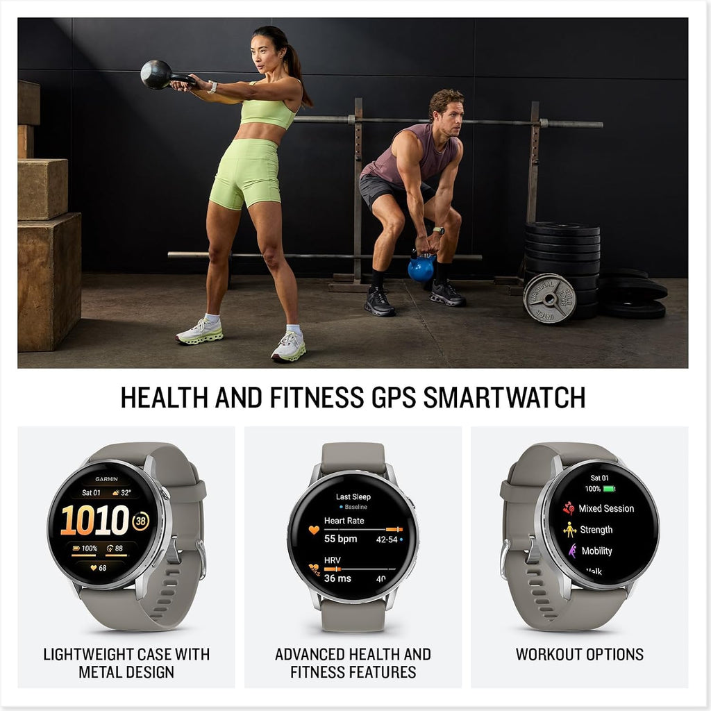 Garmin Venu 4 (45mm) Smartwatch GPS, AMOLED, Sleep Coach, Body Battery - Silver with Silver Gray Band Bundle with Deco Essentials Charging Dock, 3-Pack Dust Covers & 1.4' Screen Protector