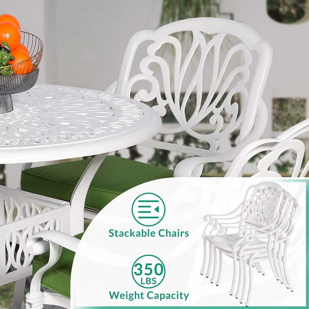 VIVIJASON 5-Piece Patio Furniture Dining Set, All-Weather White Cast Aluminum Outdoor Conversation Set, Include 4 Cushioned Chairs and a 35.4' Round Table w/Umbrella Hole for Balcony Lawn Garden