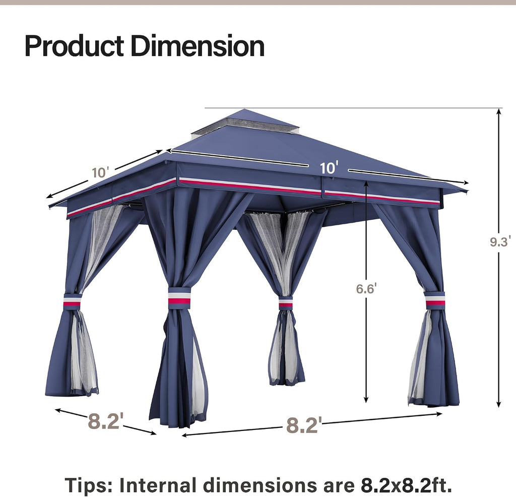 LAUSAINT HOME 10'x10' Outdoor Gazebo with 50FT String Lights, Metal Heavy Duty Patio Canopy Tent with Double Roofs, Mosquito Nettings and Privacy Screens for Backyard, Garden, Lawn, Classic Blue