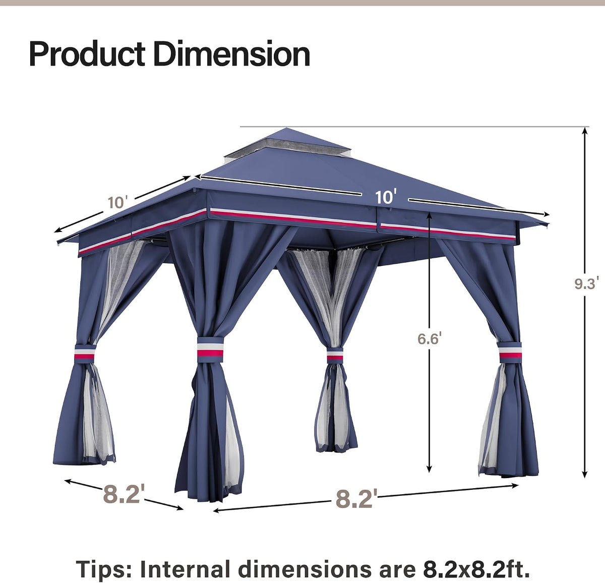 LAUSAINT HOME 10'x10' Outdoor Gazebo with 50FT String Lights, Metal Heavy Duty Patio Canopy Tent with Double Roofs, Mosquito Nettings and Privacy Screens for Backyard, Garden, Lawn, Classic Blue