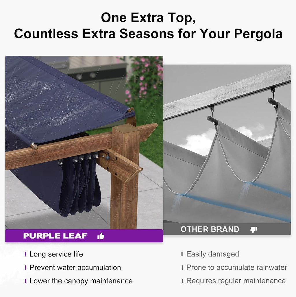 PURPLE LEAF 10' x 10' Pergola with Curtains Outdoor Retractable Pergola Patio Metal Shelter for Garden Porch Natural Wood Grain Frame Gazebo Modern Yard Grill Pergolas with Shade Canopy Navy Blue