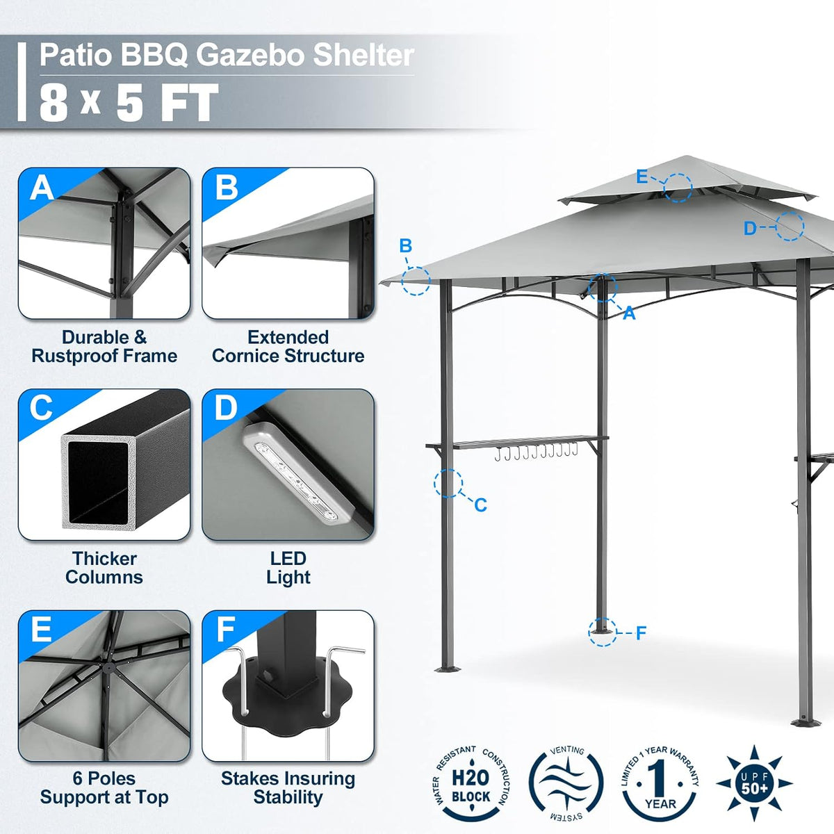 COBIZI 8x5 Grill Gazebo, BBQ Gazebo Shelter, Outdoor Canopy with LED Lights and Two Bar Counters, Double Tiered for Gray
