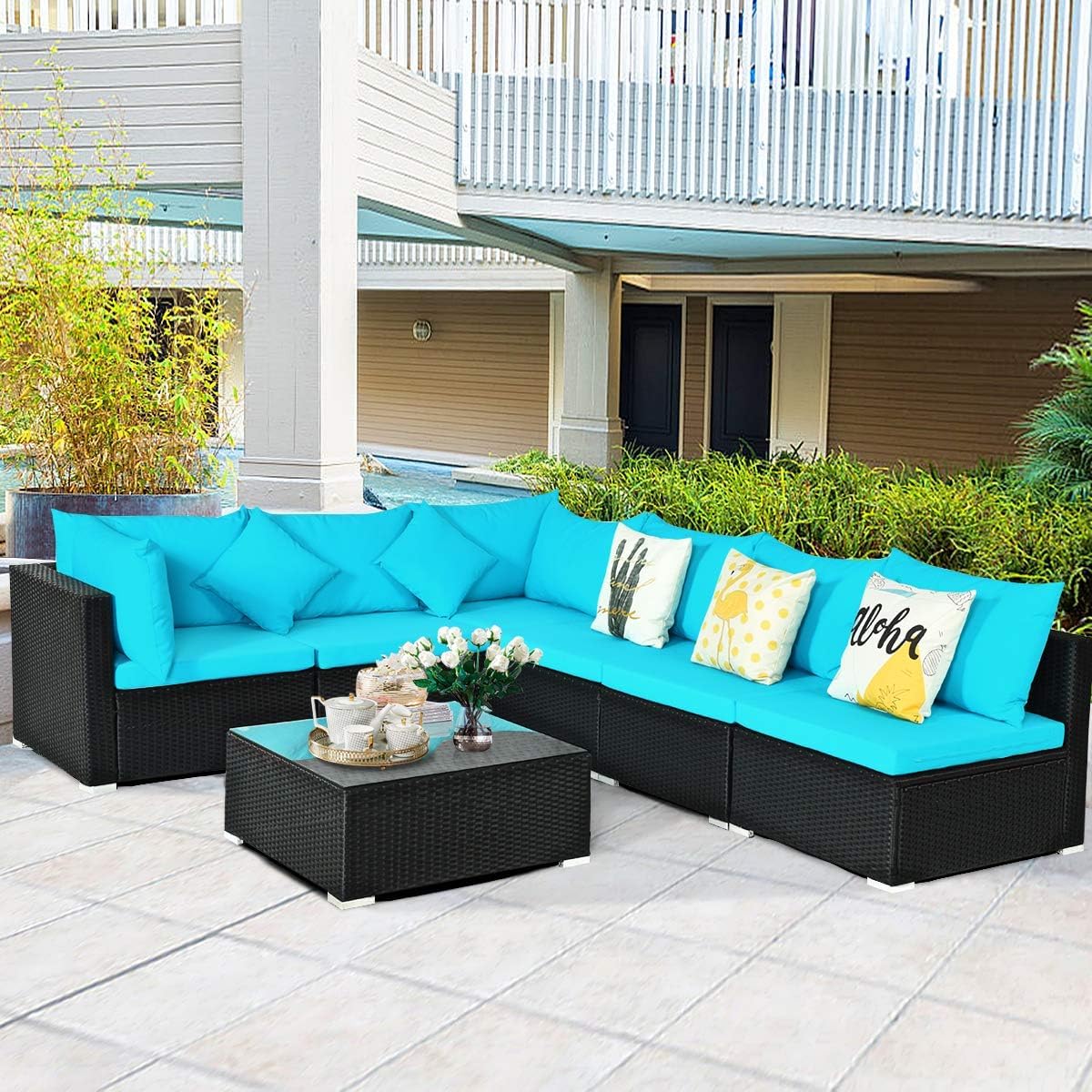 HAPPYGRILL 7 Pieces Patio Furniture Set Outdoor Rattan Wicker Sectional Sofa Set with Cushions & Pillows & Coffee Table for Garden Lawn