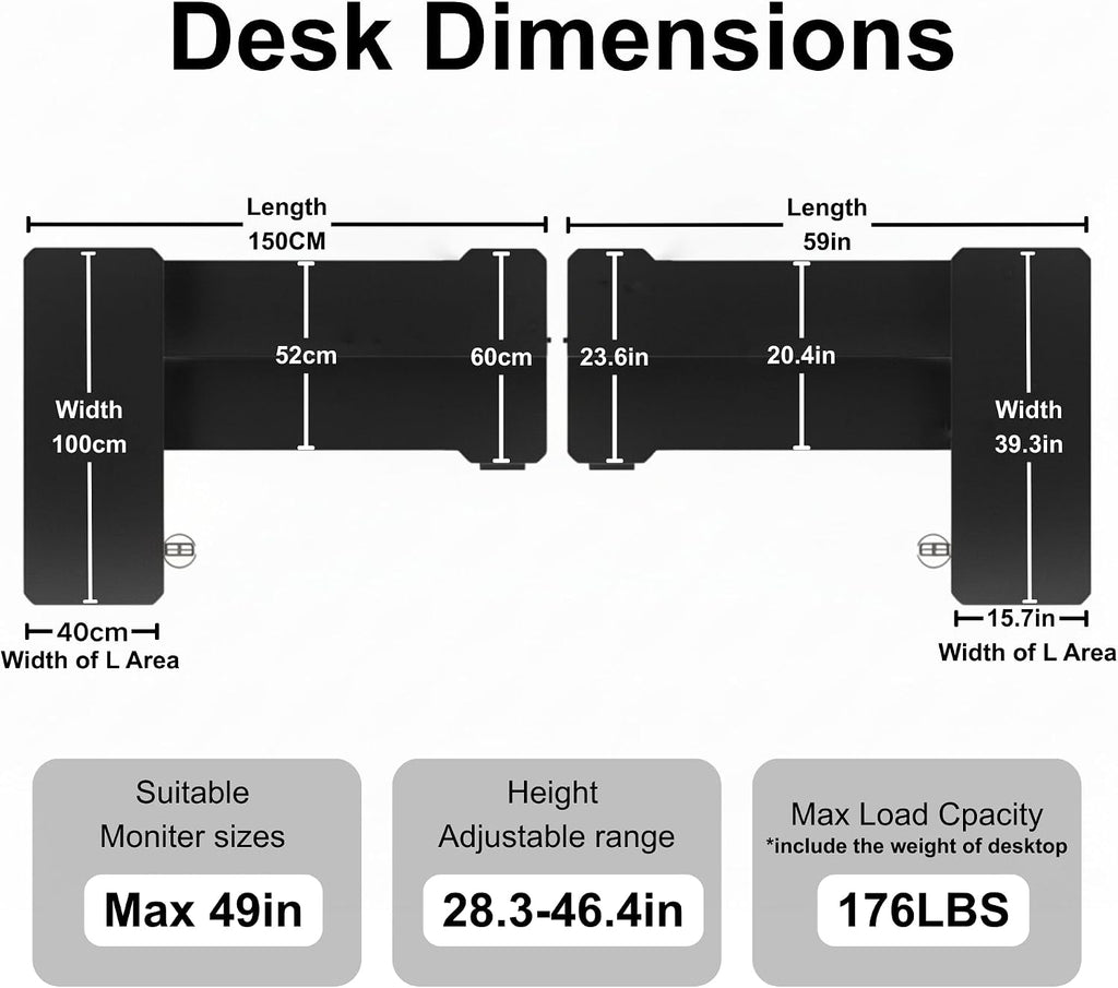 Acrolix 59 Inch L Shaped Standing Desk Adjustable Height,Gaming Electric Corner Standing Desk, Sit Stand Computer Table with Reversiable Splice Board, Black Carbon