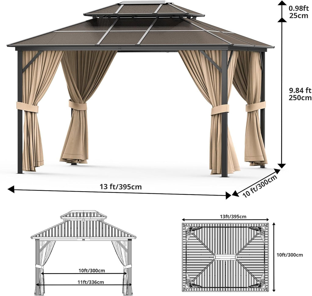Garvee 10X13 FT Hardtop Gazebo with Double Polycarbonate Roof & Aluminum Frame - Includes Netting & Curtains for Patio, Garden, Backyard Brown