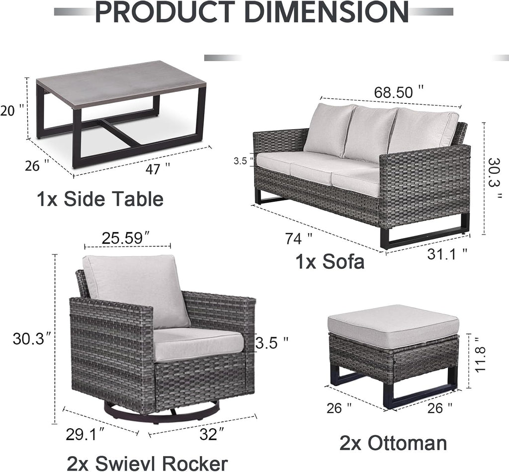 6 Piece Wicker Patio Furniture Set - Outdoor Swivel Rocker Chairs Set with Coffee Table, 3 Seat Sofa & Ottomans, Small Patio Conversation Sets Proch Furniture for Balcony Deck - Grey/Beige