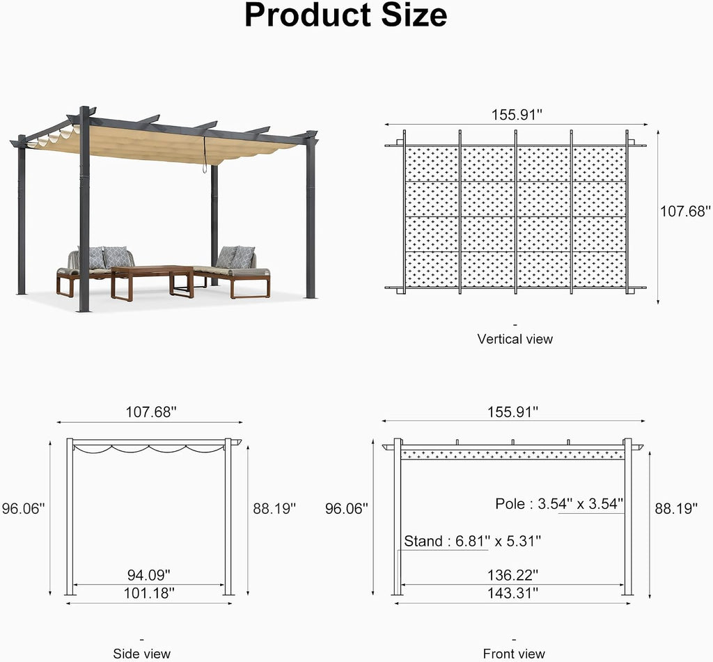 PURPLE LEAF 9.5' X 13' Outdoor Retractable Pergola Against The Wall with Shade Canopy Patio Aluminum Shelter for Porch Garden Pavilion Grill Gazebo Modern Backyard Metal Grape Trellis Pergola, Beige