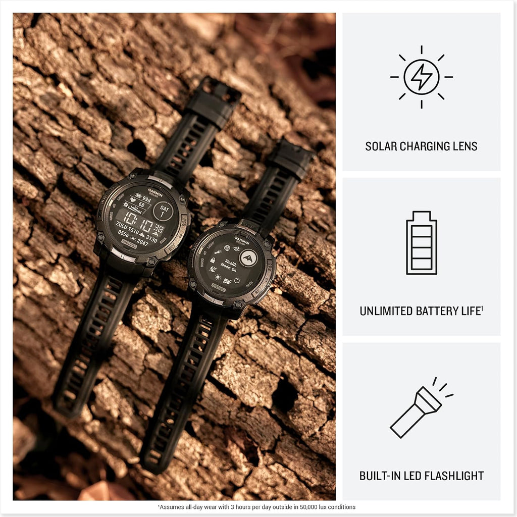 Garmin Instinct 3 Tactical Edition, Solar Charged 45mm Display, Outdoor Rugged GPS Smartwatch Bundle with USB Wall Charger + Microfiber Cleaning Cloth + More