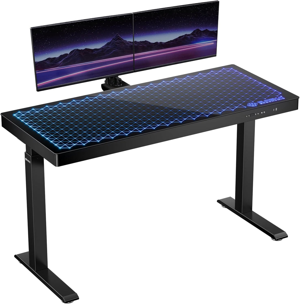 EUREKA ERGONOMIC Gaming Desk RGB Lights Height Adjustable 55 Inch Computer Table Home Office Standing Desk Glass Desk Music Sensing, Dual Motors,USB Ports, APP Control