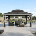 PURPLE LEAF 13' X 15' Hardtop Gazebo with Double Galvanized Steel Roof Awning and Upgrade Curtain for Patio Lawn and Garden, Grey