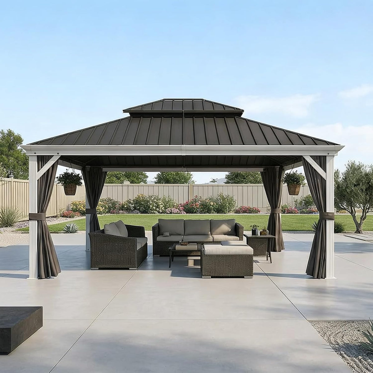 PURPLE LEAF 13' X 15' Hardtop Gazebo with Double Galvanized Steel Roof Awning and Upgrade Curtain for Patio Lawn and Garden, Grey